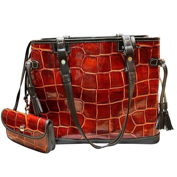 Dooney & Bourke 3pc Brown Red Orange Crocodile hand Shoulder Bag Pouch Key Set - Picture 6 of 16